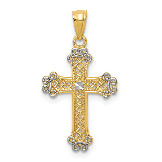 14K Yellow & Rhodium W/Rhodium Diamond-Cut Filigree Cross Pendant