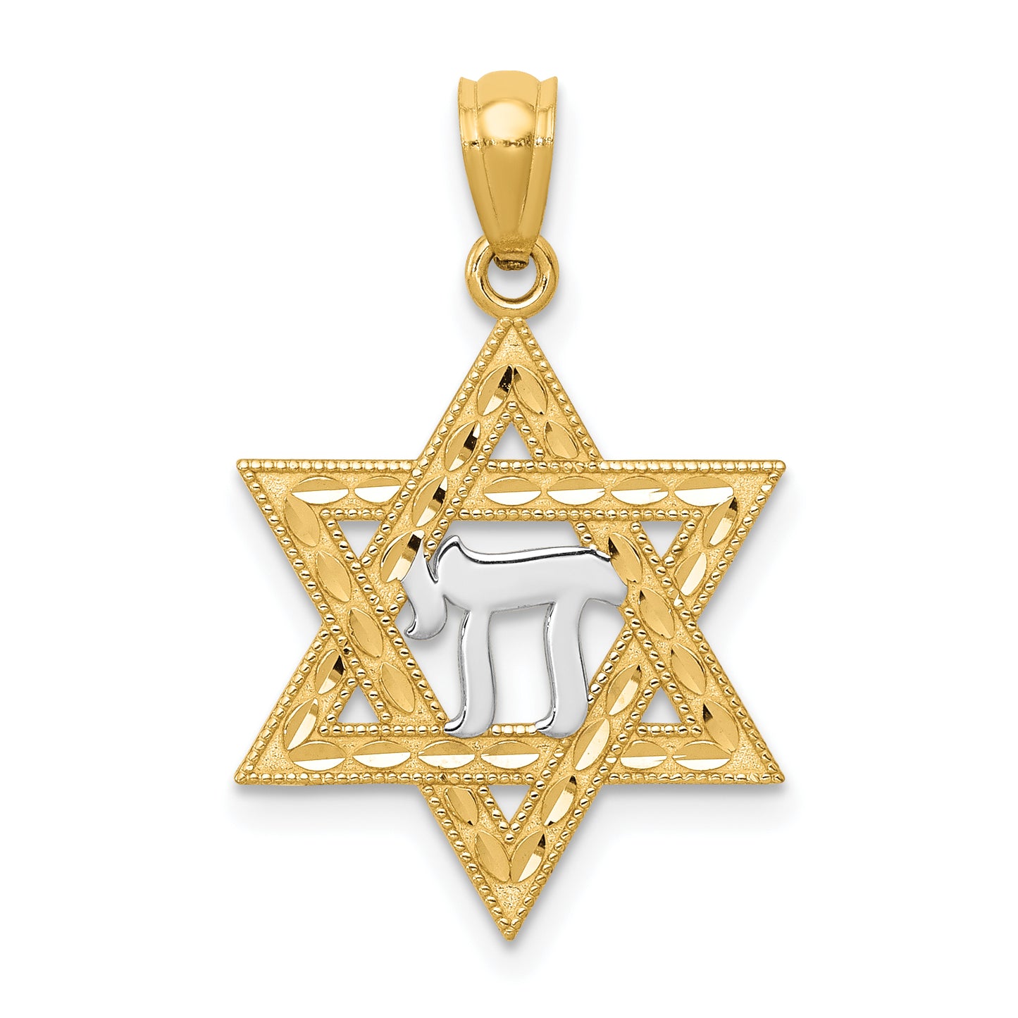 14K Yellow & Rhodium W/Rhodium Star Of David W/Chai Pendant