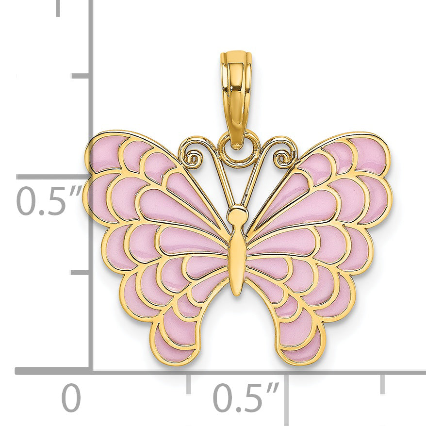 14K Yellow Gold Lavender Enameled Butterfly Pendant