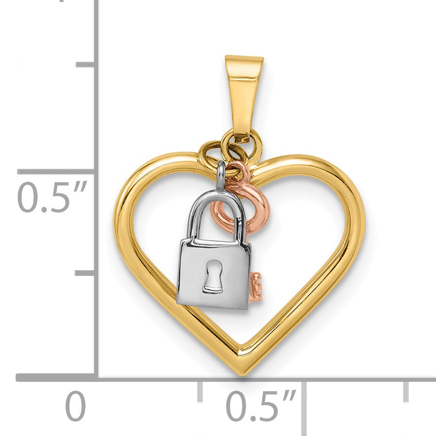 14K Tri-Color Heart, Lock And Key Pendant