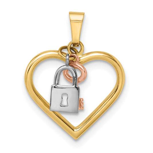 14K Tri-Color Heart, Lock And Key Pendant