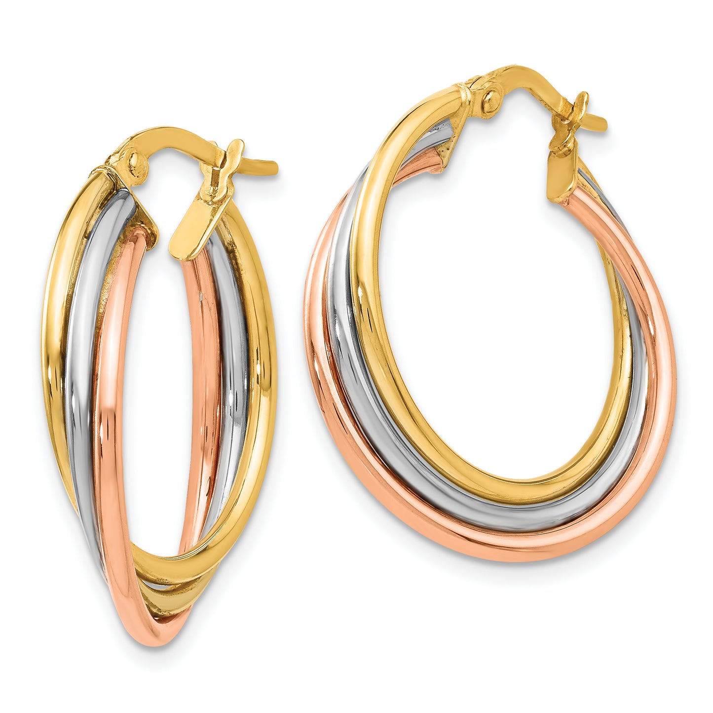 14K Tri-Color Polished And Textured Twisted Hoop Earrings