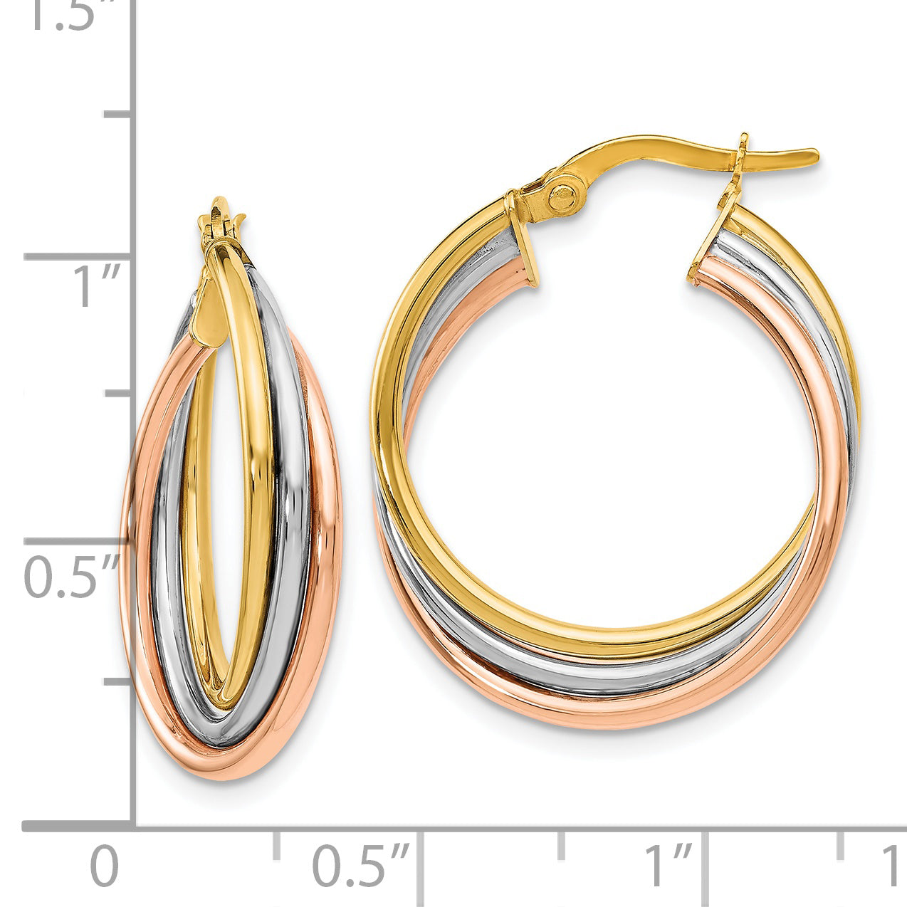 14K Tri-Color Polished And Textured Twisted Hoop Earrings