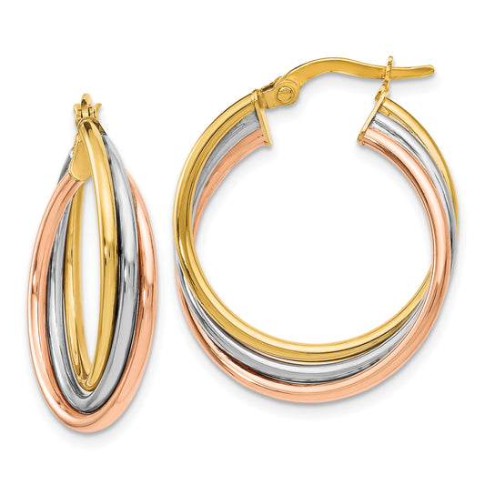 14K Tri-Color Polished And Textured Twisted Hoop Earrings