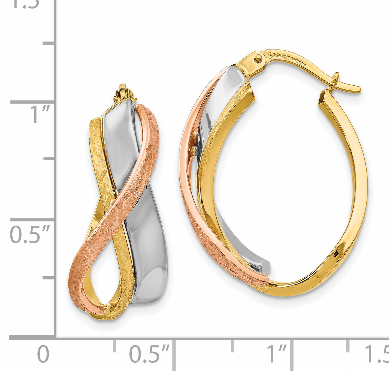 14K Tri-Color Polished And Brushed Fancy Hoop Earrings