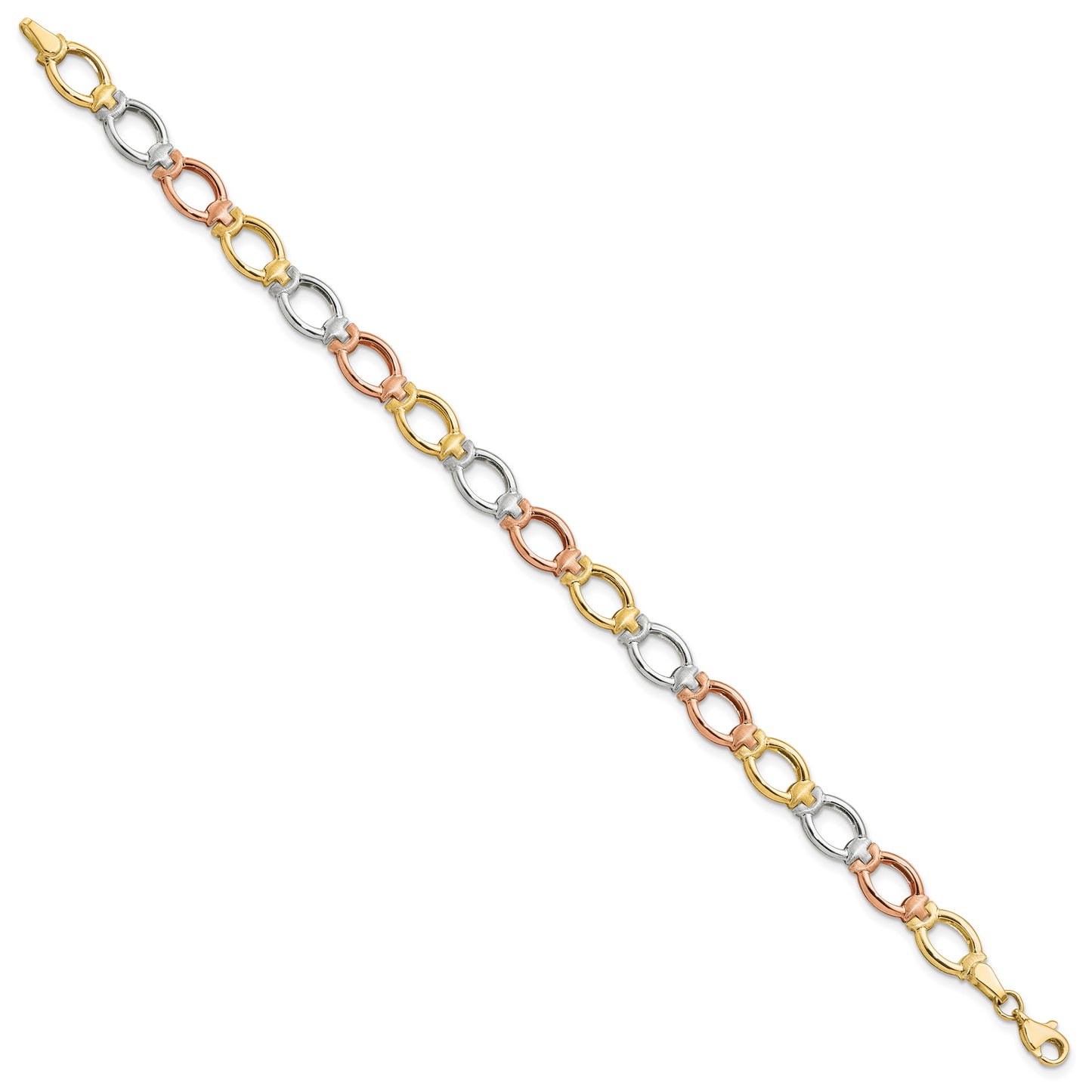 7.5 Inch 14K Tri-Color Polished And Satin Link Bracelet