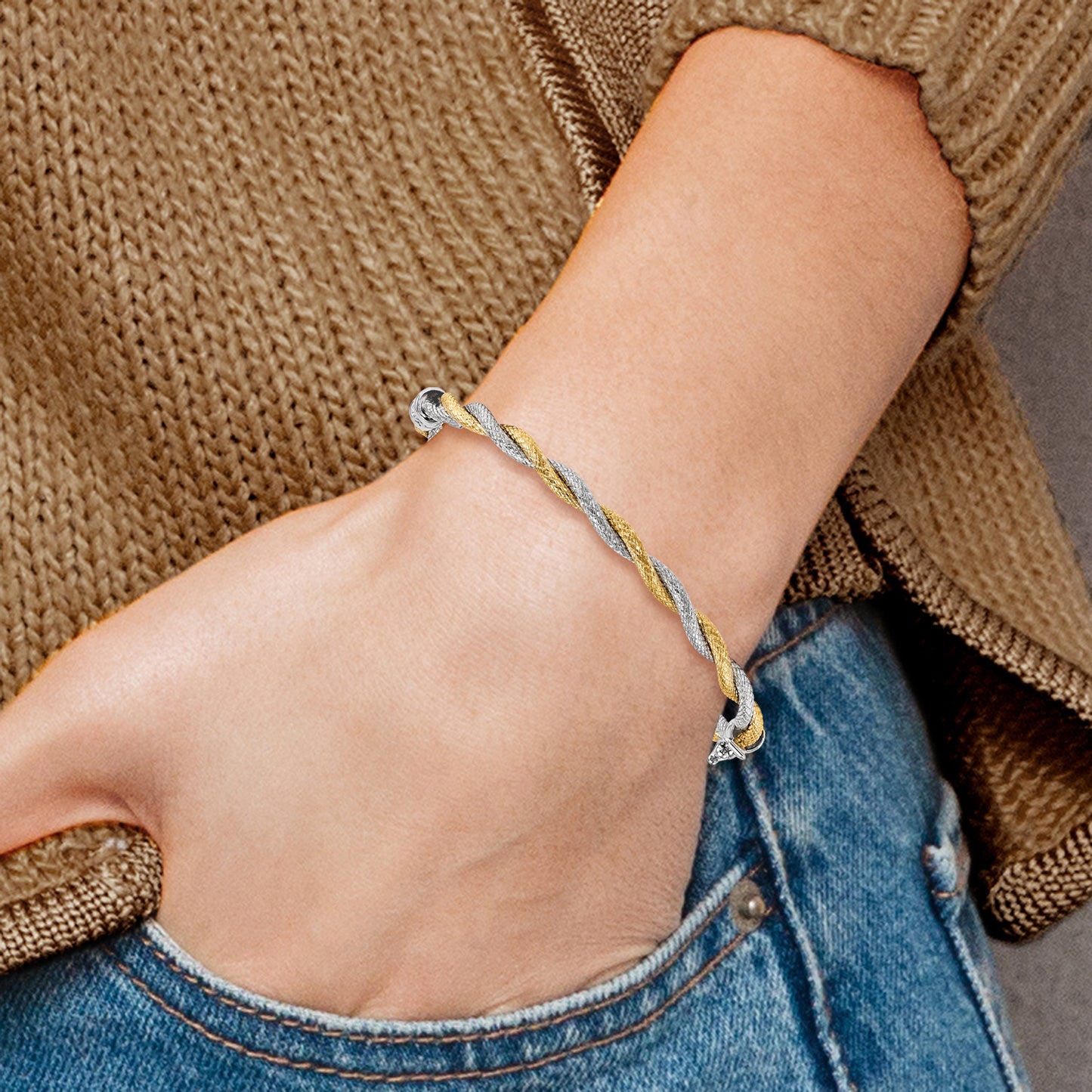 14K Yellow & Rhodium W/ White Textured Hinged Bangle