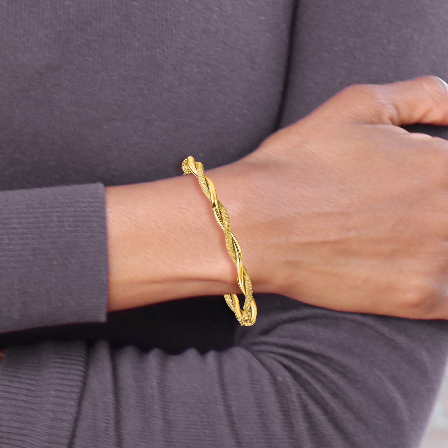 14K Yellow Gold Polished And Textured Twist Bangle