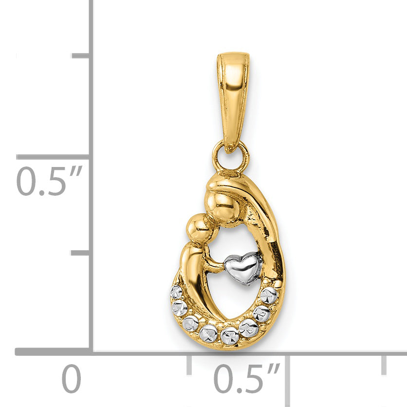 14K Yellow & Rhodium And White Diamond-Cut Mother Baby Teardrop Pendant