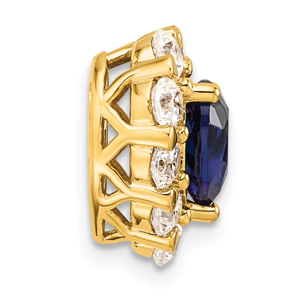 14k Yellow Gold 1 Ct. Lab Grown Diamond VS/SI+ G+ and Lab Created Blue Sapphire Heart Halo Chain Slide Pendant