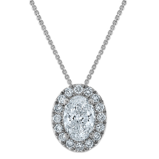 14k White Gold 2 1/2 Ct. Certified Lab Grown Diamond VS/SI+ G+ 18 inch Oval Halo Pendant Necklace