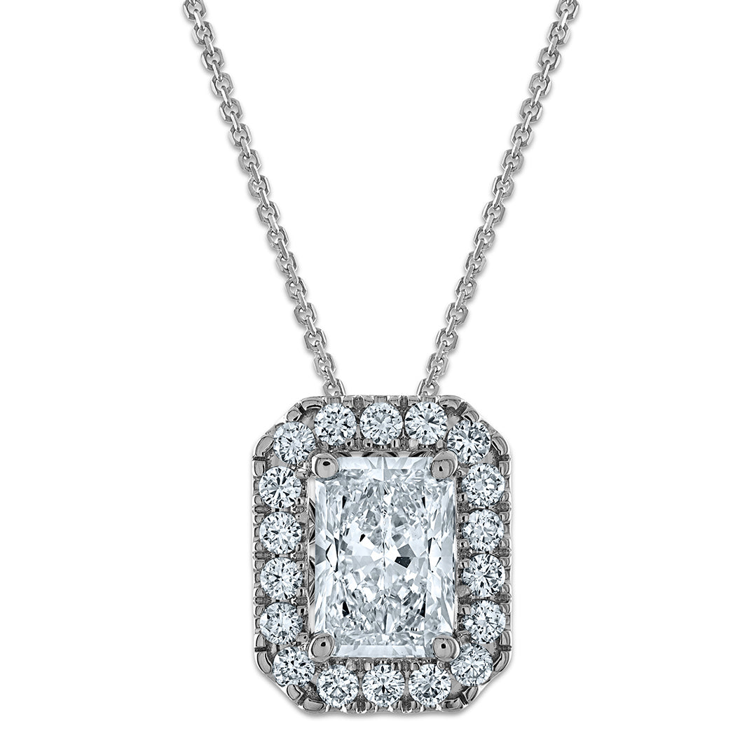 14k White Gold 2 1/2 Ct. Certified Lab Grown Diamond VS/SI+ G+ 18 inch Radiant Halo Pendant Necklace