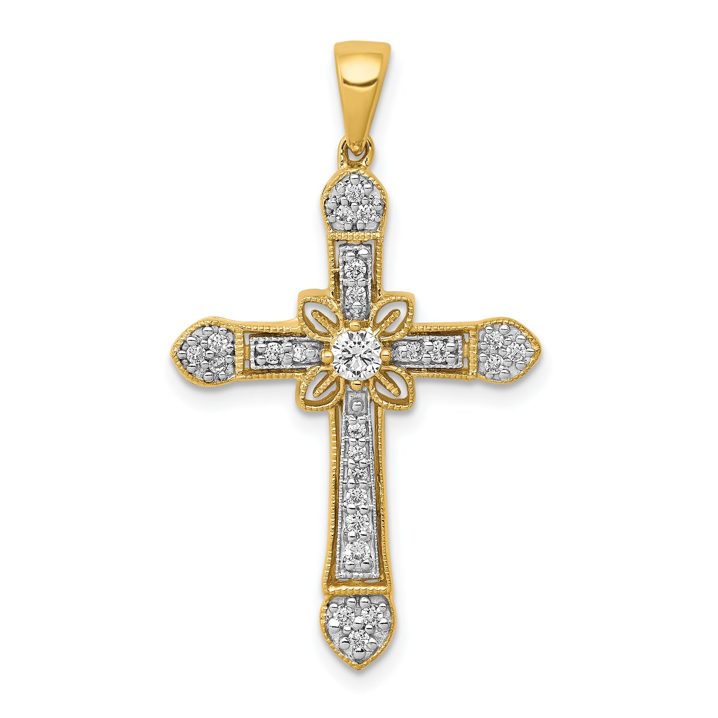 14k Yellow Gold 1/4 Ct. Lab Grown Diamond VS/SI+ G+ Filigree Cross Pendant