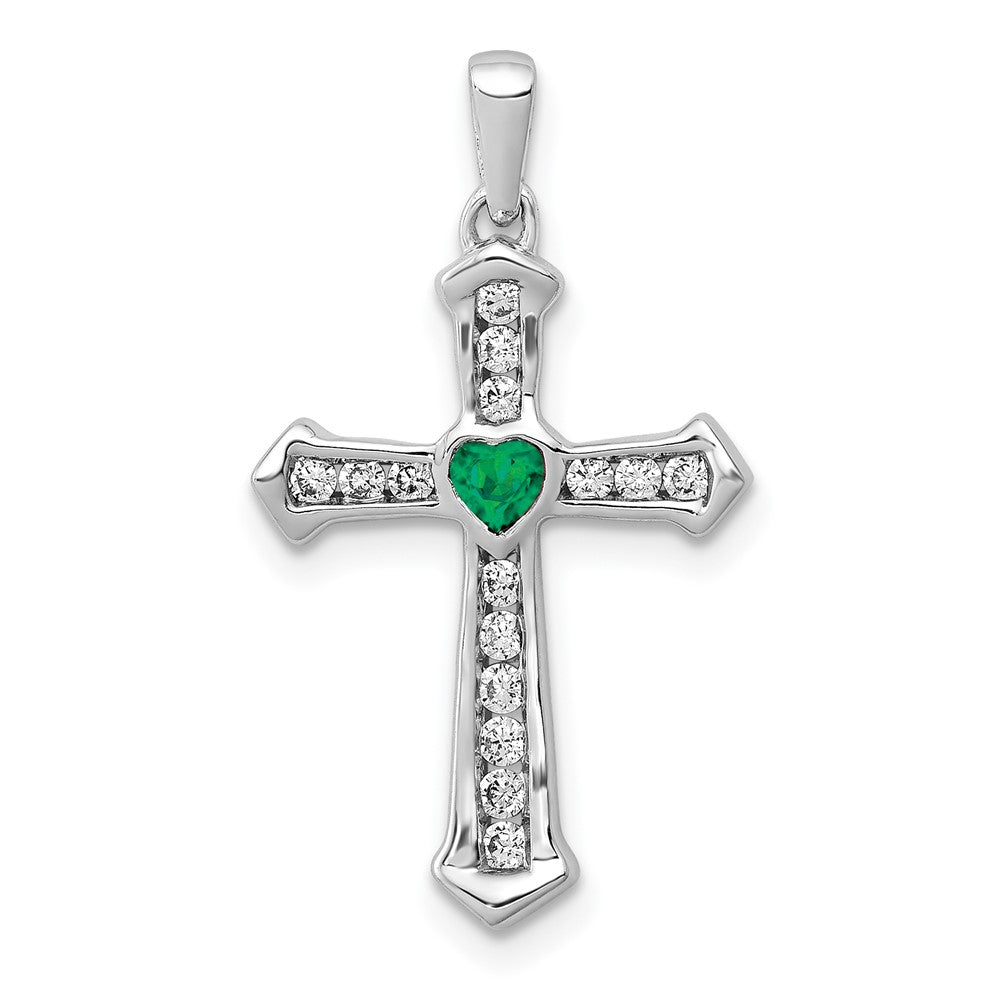 14k White Gold 1/5 Ct. Lab Grown Diamond VS/SI+ G+ and Lab Created Emerald Cross Pendant