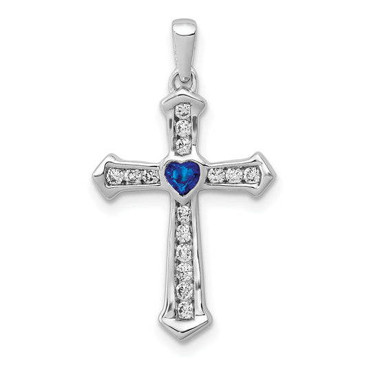 14k White Gold 14k White Gold 1/5 carat Lab Grown Diamond VS/SI+ G+ and Lab Created Blue Sapphire Cross Pendant