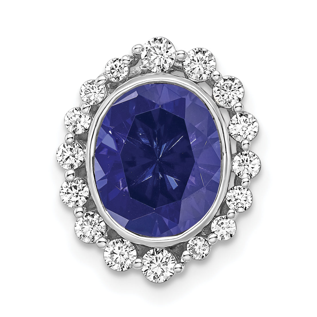 14k White Gold 1/2 Ct. Lab Grown Diamond VS/SI and Oval Lab Created Blue Sapphire Halo Chain Slide Pendant