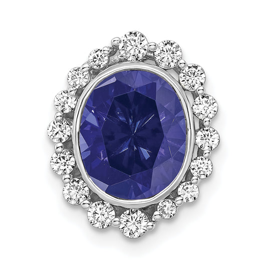 14k White Gold 1/2 Ct. Lab Grown Diamond VS/SI and Oval Lab Created Blue Sapphire Halo Chain Slide Pendant