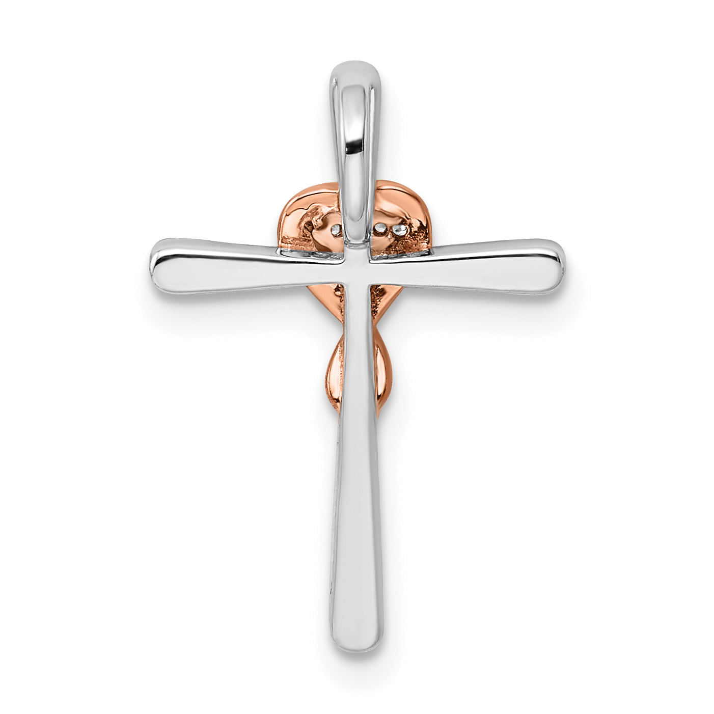 14k Two-tone Two Tone Rose and White Gold 1/10 Ct. Lab Grown Diamond VS/SI+ G+ Cross with Heart Chain Slide Pendant