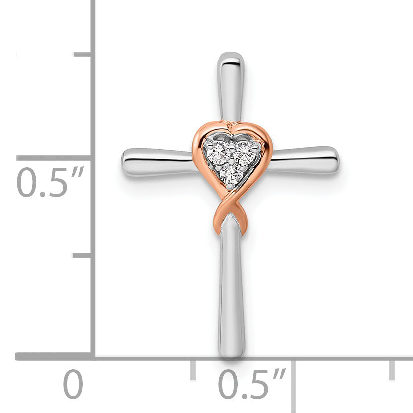 14k Two-tone Two Tone Rose and White Gold 1/10 Ct. Lab Grown Diamond VS/SI+ G+ Cross with Heart Chain Slide Pendant