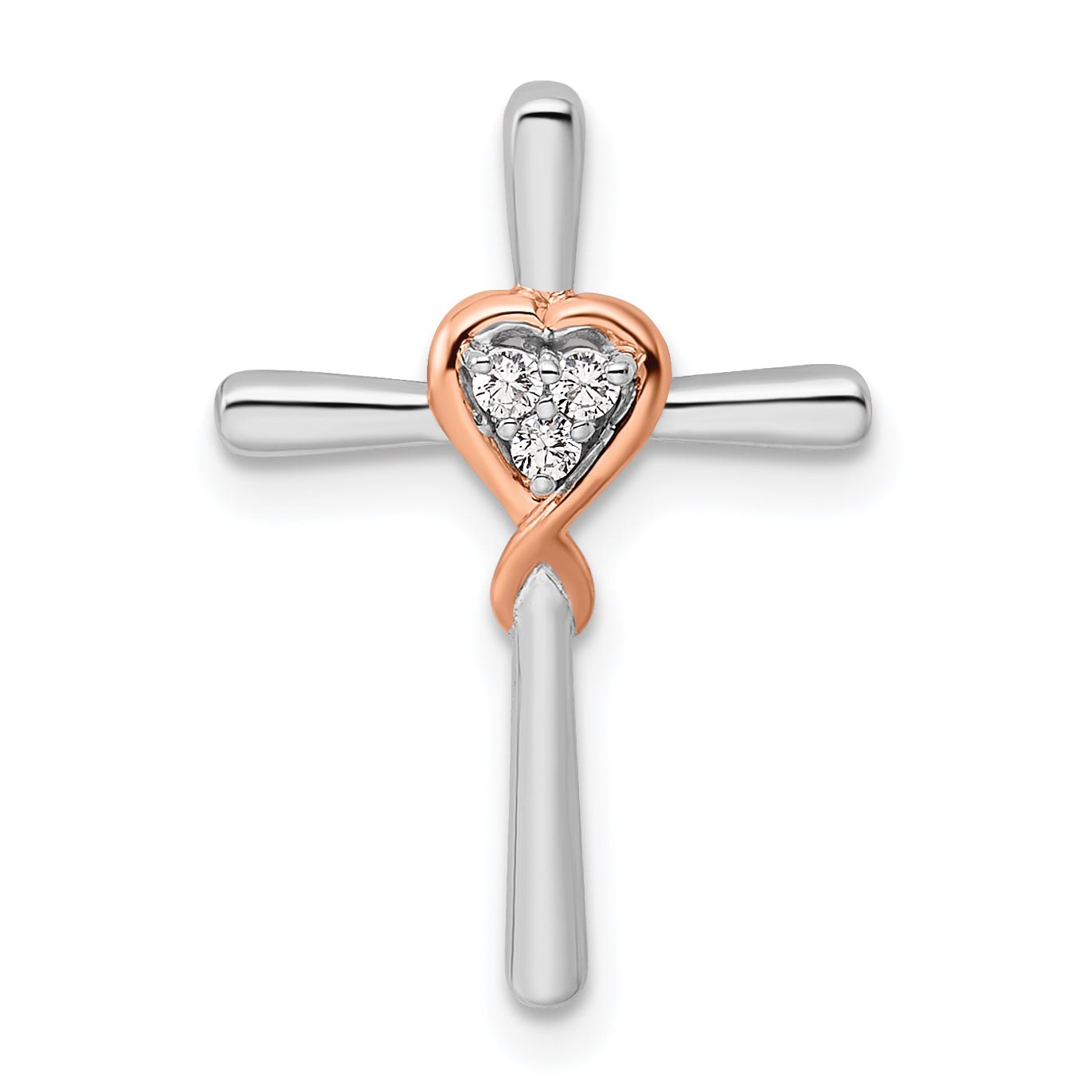 14k Two-tone Two Tone Rose and White Gold 1/10 Ct. Lab Grown Diamond VS/SI+ G+ Cross with Heart Chain Slide Pendant