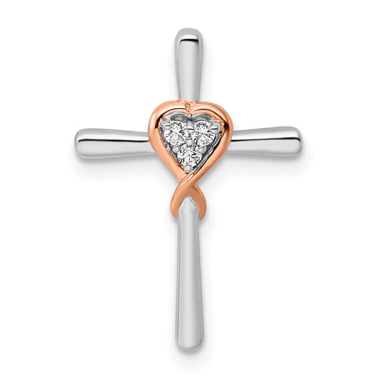 14k Two-tone Two Tone Rose and White Gold 1/10 Ct. Lab Grown Diamond VS/SI+ G+ Cross with Heart Chain Slide Pendant