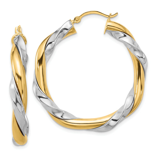 14K Yellow & Rhodium W/White Twisted Hoop Earrings