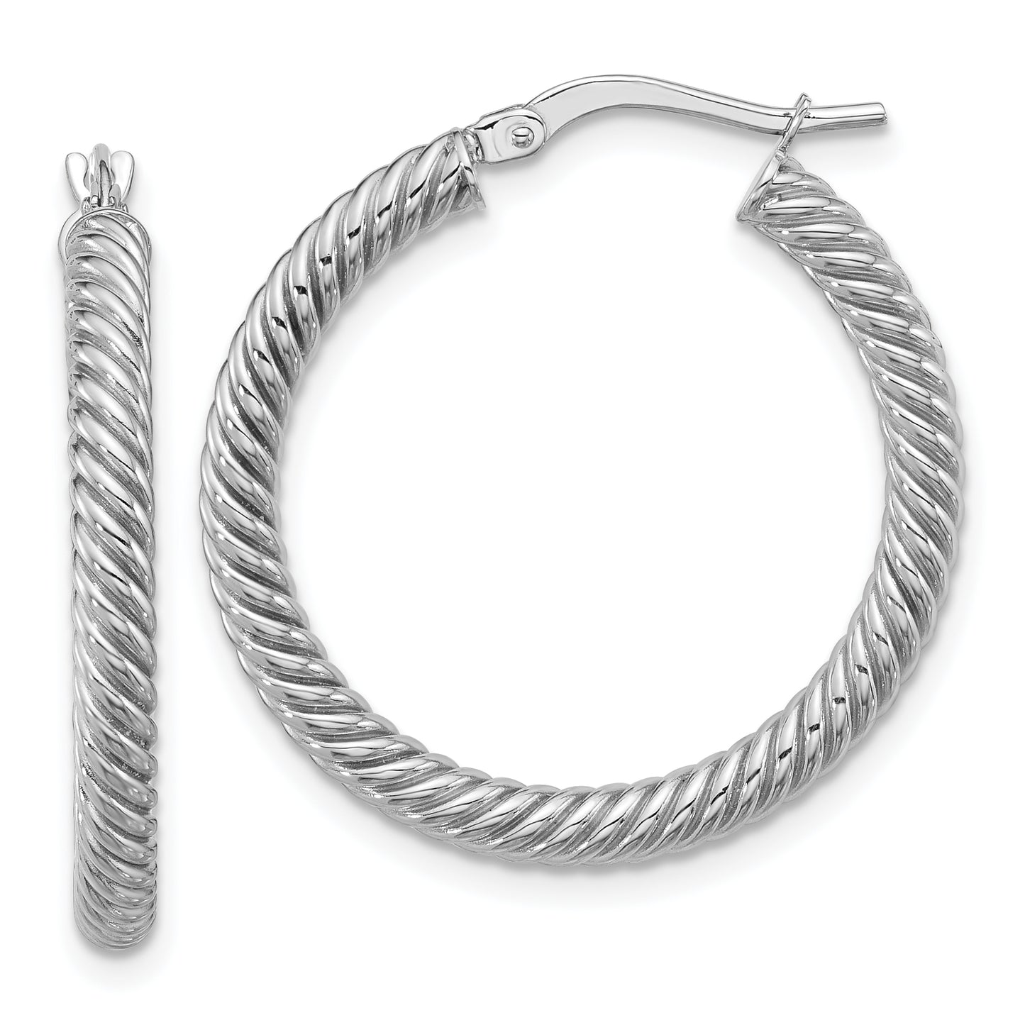 14K White Gold 3X20mm Twisted Round Hoop Earrings