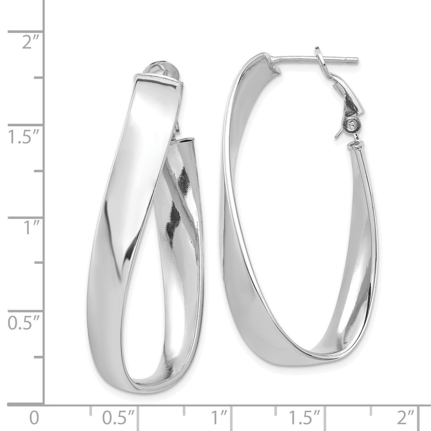 14K White Gold Polished 7mm Twisted Omega Back Oval Hoop Earrings