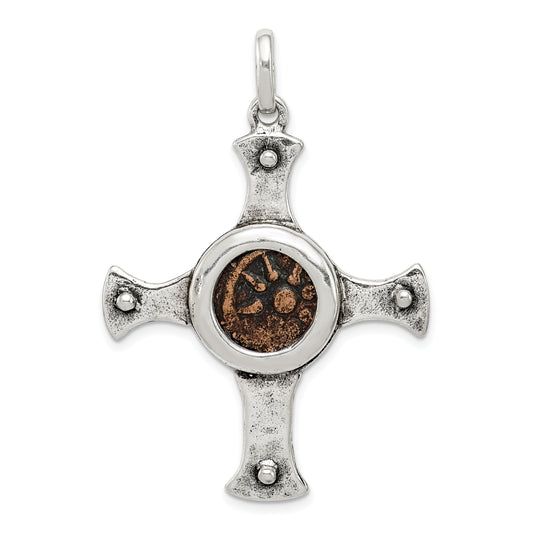 Sterling Silver Ancient Coins And Bronze Antiqued Widow'S Mite Coin Cross Pendant With A Certificate Of Authenticity