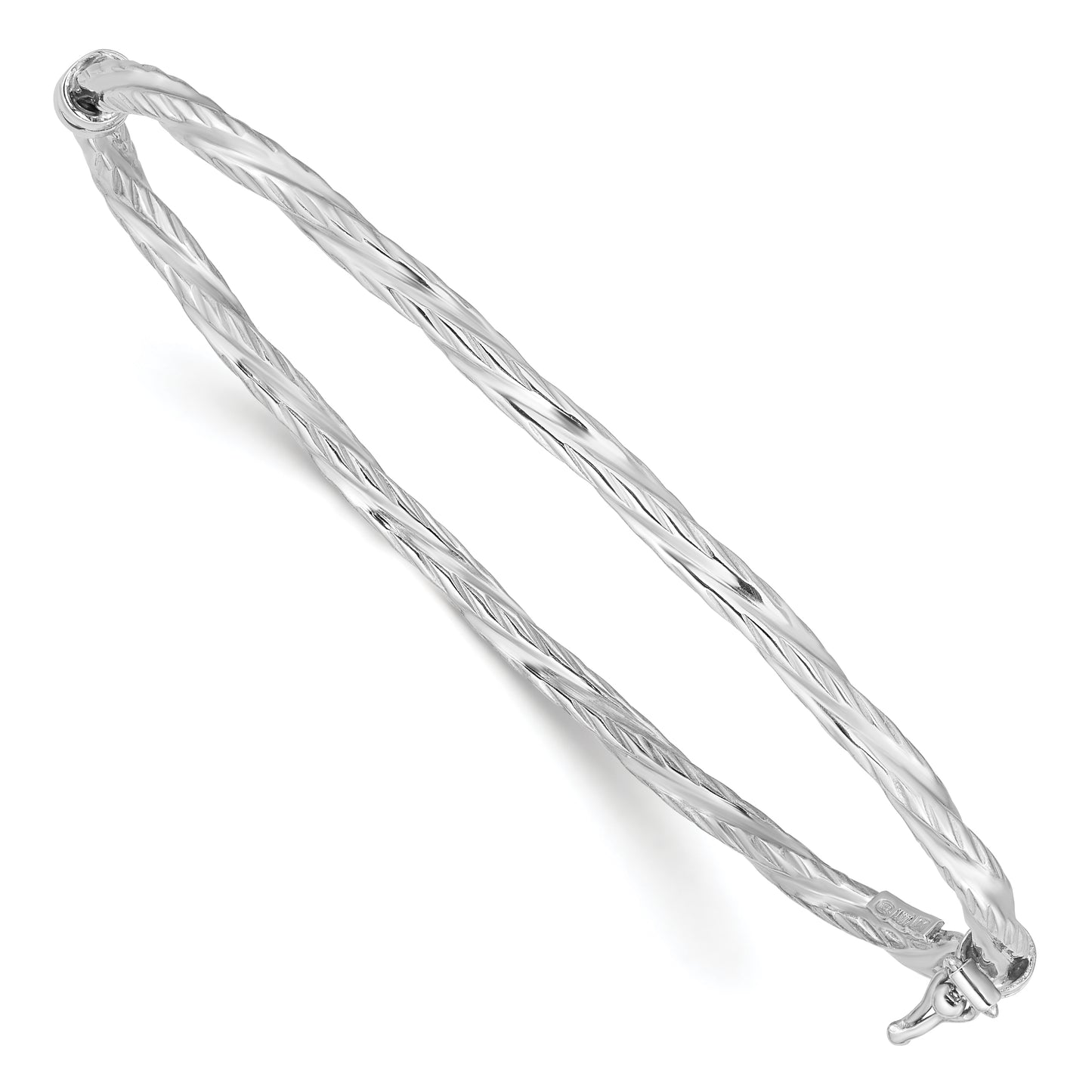 Sterling Silver Rhod-Platd Textured 3mm Twisted Hinged Bangle