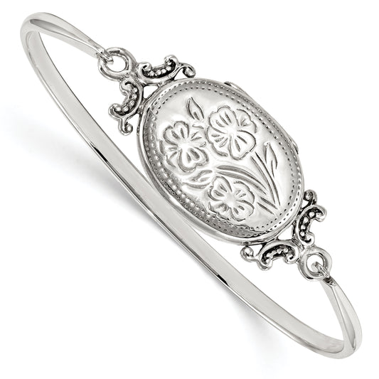 Sterling Silver Floral 26mm Oval Locket Bangle Bracelet