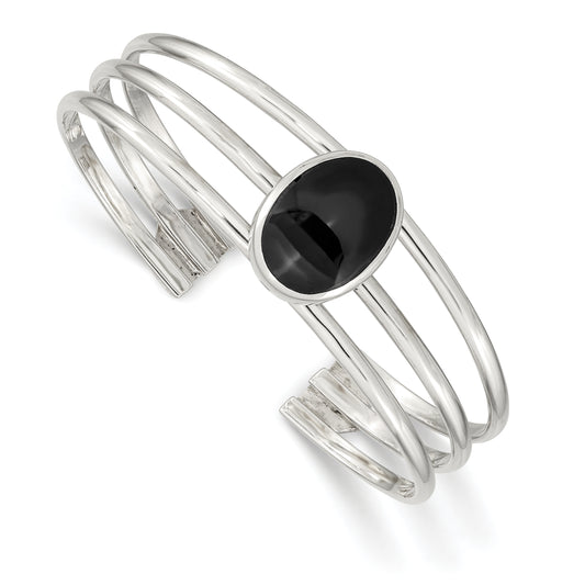 Sterling Silver Synthetic Onyx Three Strand Cuff Bangle Bracelet