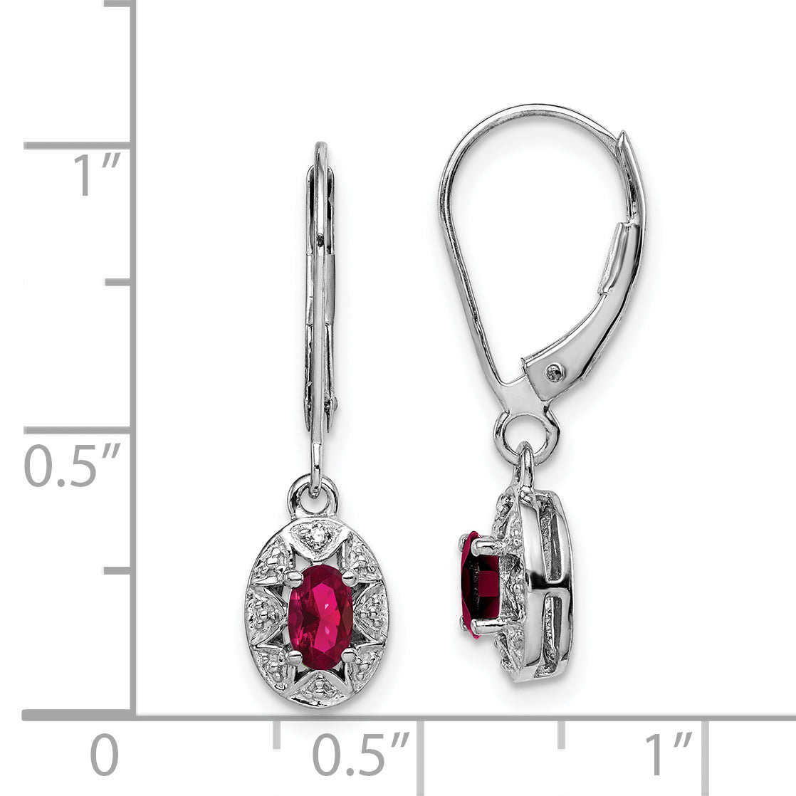 Sterling Silver Rhodium Plated Diamond And Lab Created Ruby Dangle Leverback Earrings