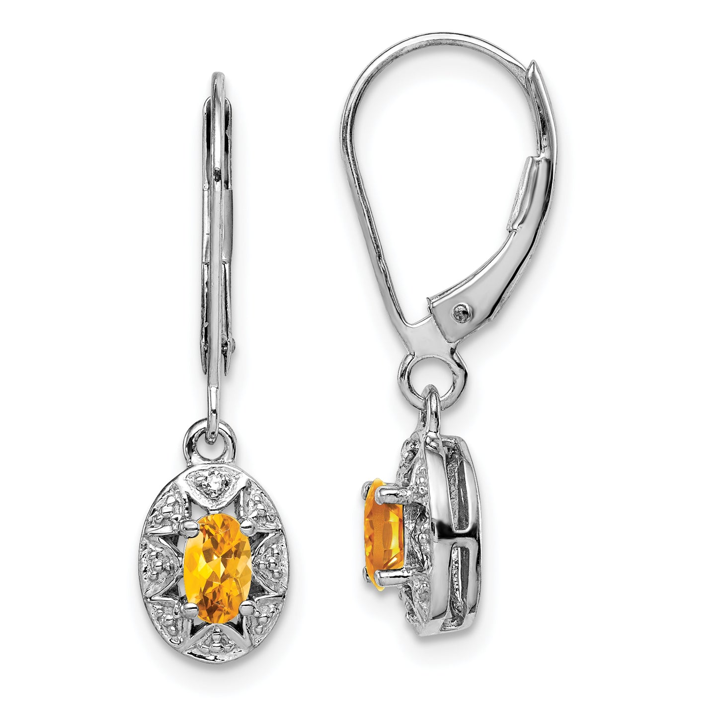 Sterling Silver Rhodium-Plated Diam. & Citrine Earrings