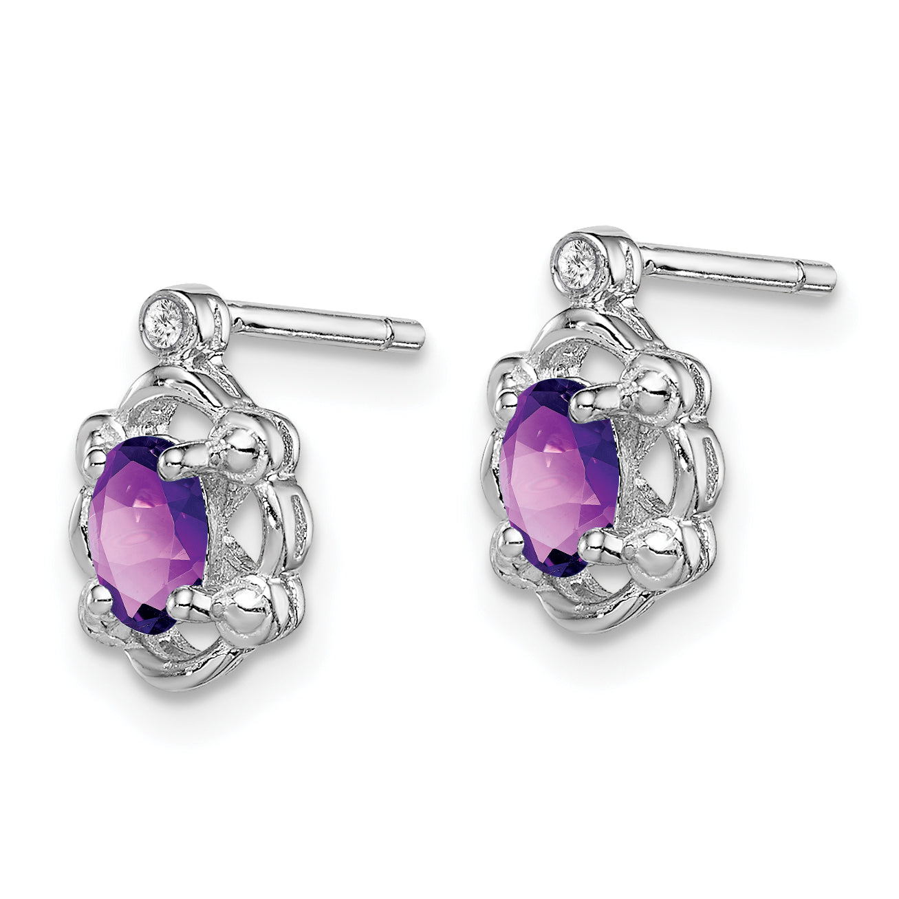 Sterling Silver Rhodium-Plated Amethyst & Diam. Earrings