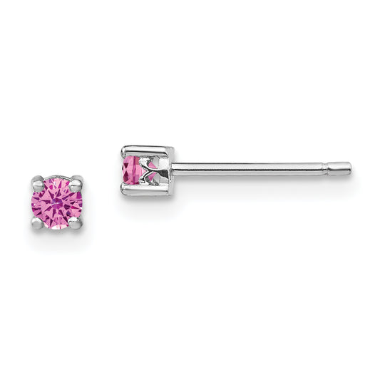 Sterling Silver Rhod-Pltd 3mm Round Cr. Pink Sapphire Post Earrings