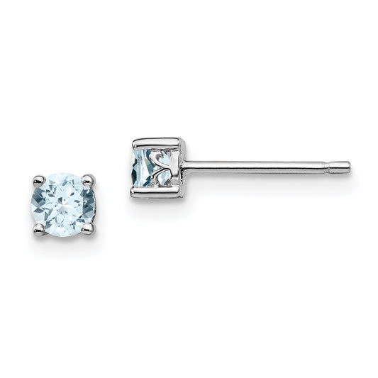 Sterling Silver Rhodium-Plated 4mm Round Aquamarine Post Earrings