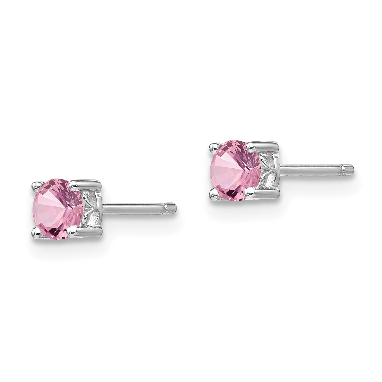 Sterling Silver Rhodium-Plated 4mm Round Created Pink Sapphire Post Earring