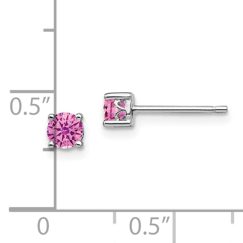 Sterling Silver Rhodium-Plated 4mm Round Created Pink Sapphire Post Earring