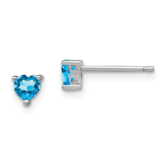 Sterling Silver Rhod-Pltd 4mm Heart Swiss Blue Topaz Post Earrings