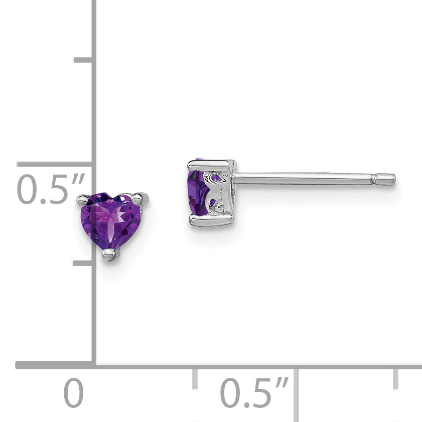 Sterling Silver Rhodium-Plated 4mm Heart Amethyst Post Earrings