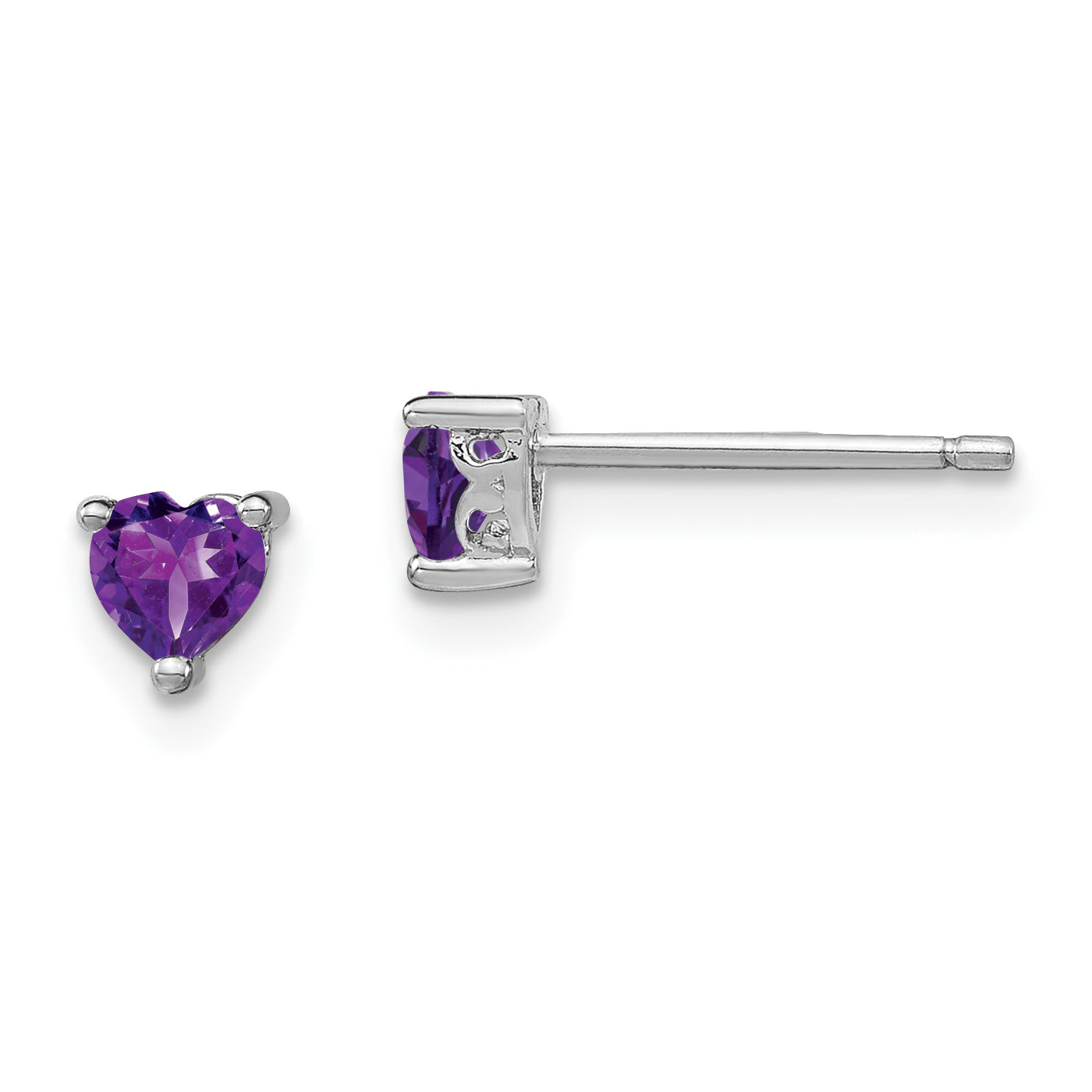 Sterling Silver Rhodium-Plated 4mm Heart Amethyst Post Earrings