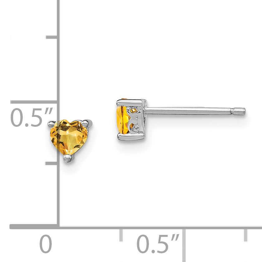 Sterling Silver Rhodium-Plated 4mm Heart Citrine Post Earrings