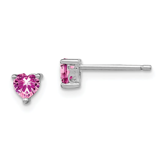 Sterling Silver Rhod-Pltd 4mm Heart Cr. Pink Sapphire Post Earrings