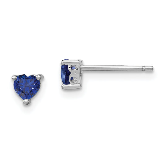 Sterling Silver Rhod-Plated 4mm Heart Created Sapphire Post Earrings