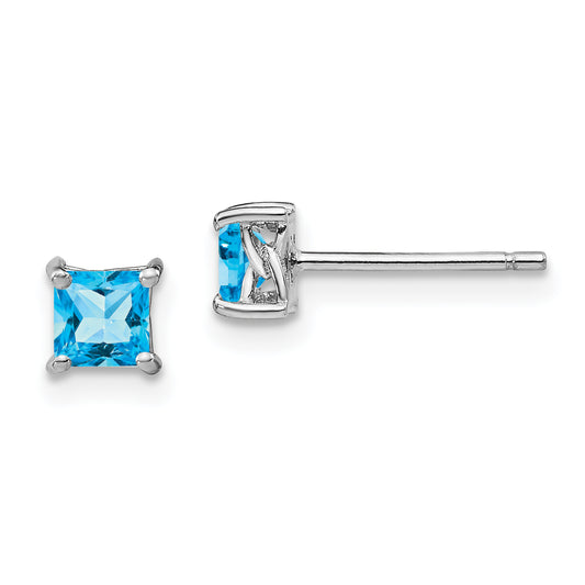 Sterling Silver Rhod-Pltd 4mm Princess Swiss Blue Topaz Post Earrings