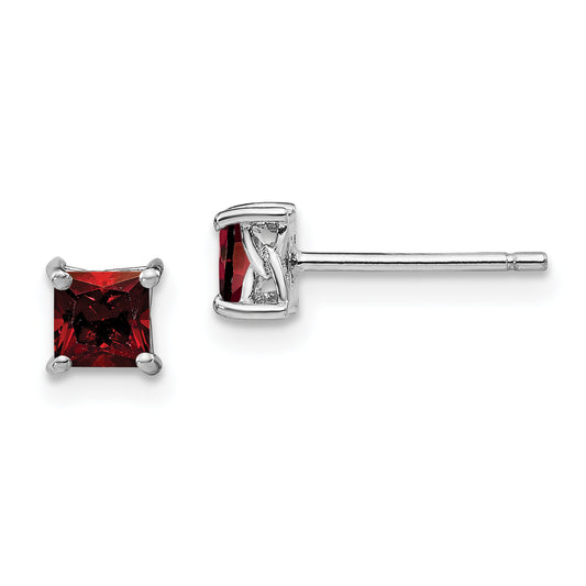 Sterling Silver Rhodium-Plated 4mm Princess Garnet Post Earrings