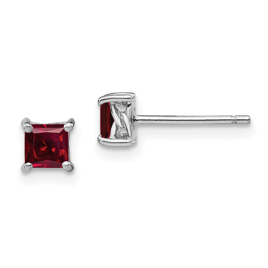 Sterling Silver Rhod-Pltd 4mm Princess Created Ruby Post Earrings