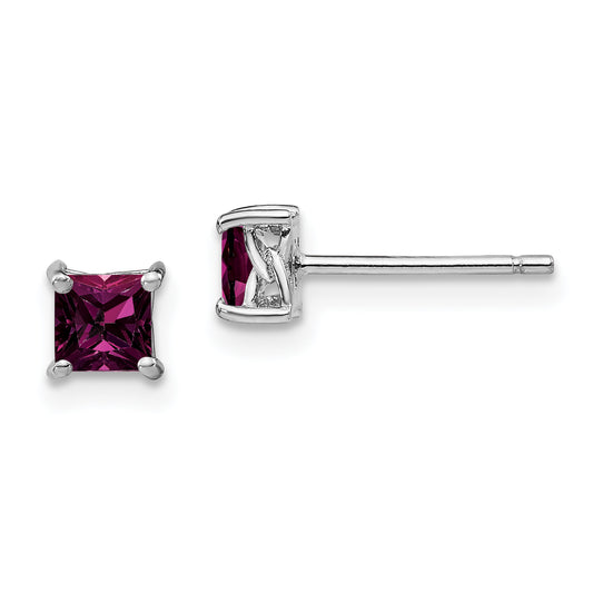 Sterling Silver Rhod-Pltd 4mm Princess Rhodolite Garnet Post Earrings