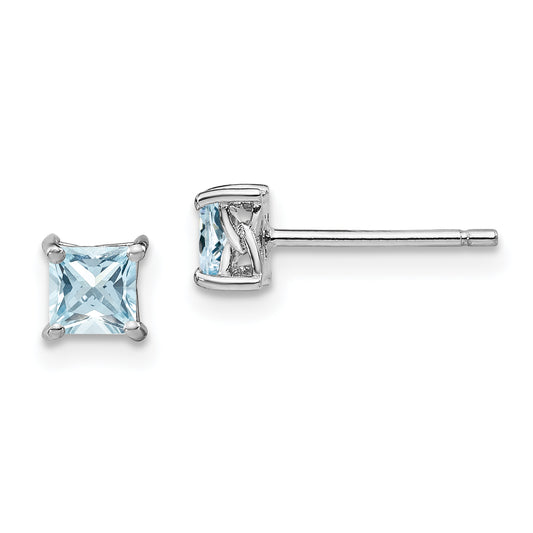 Sterling Silver Rhodium-Plated 4mm Princess Aquamarine Post Earrings